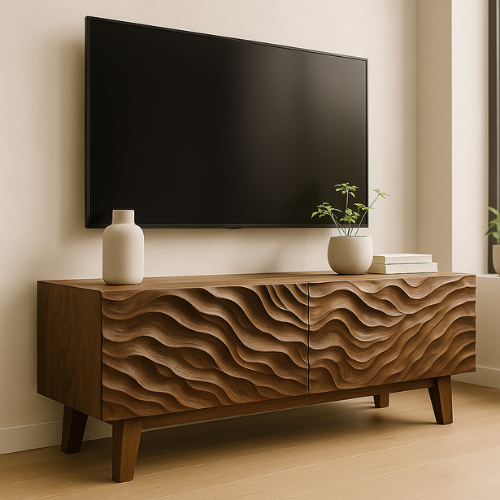 Handcrafted Solid Walnut TV Stand with 3D Wave Texture – Modern Sculpted Wood Media Console