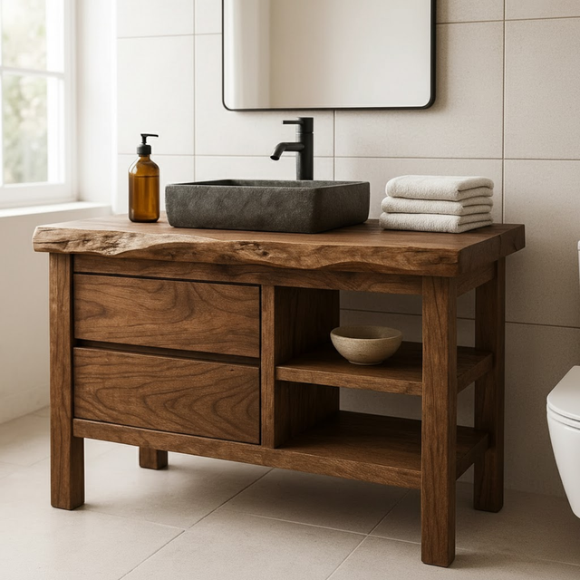 Handcrafted Solid Wood Bathroom Vanity with Live Edge Top and Open Shelf