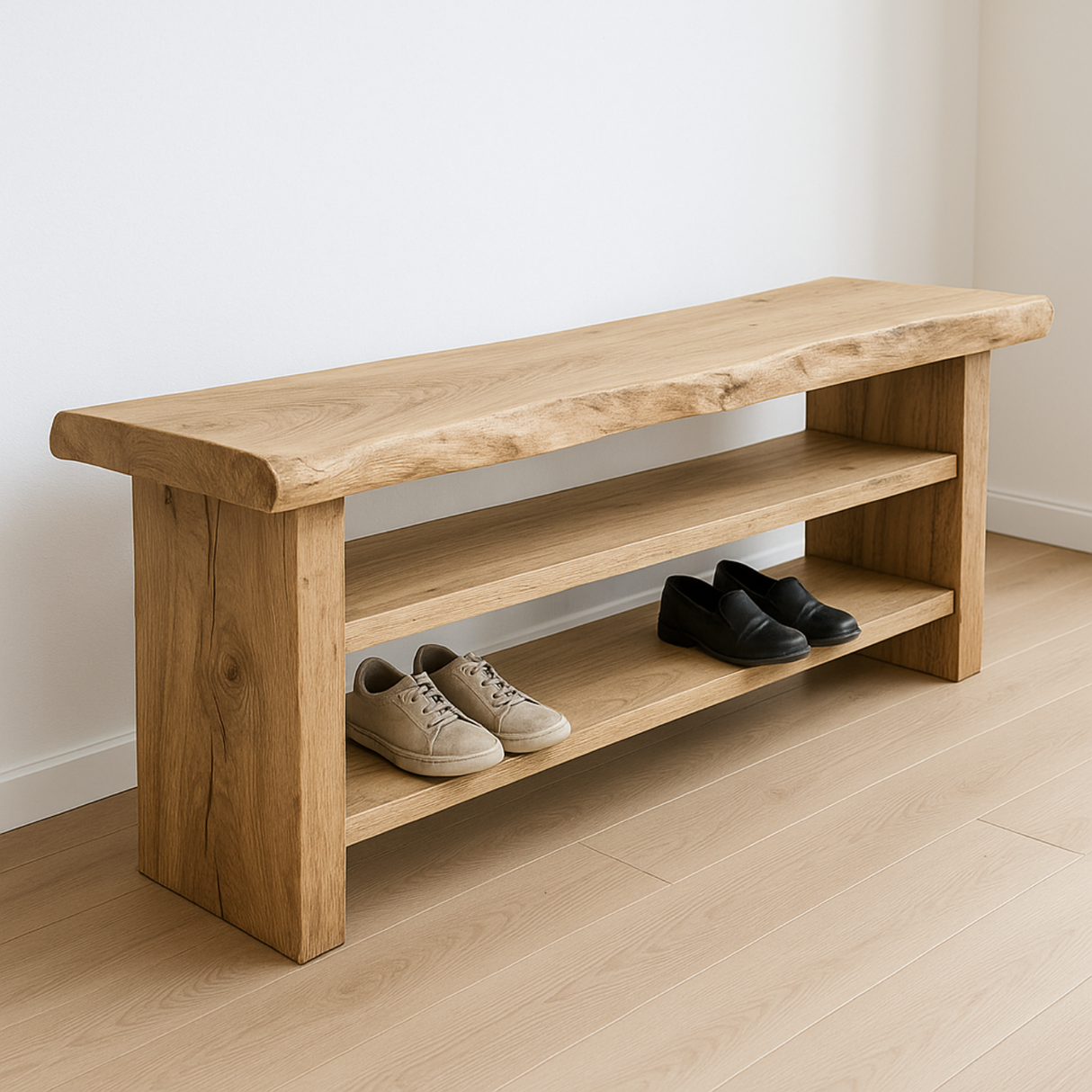 Handcrafted Solid Wood Entryway Bench with Shoe Storage – Natural Live-Edge Design
