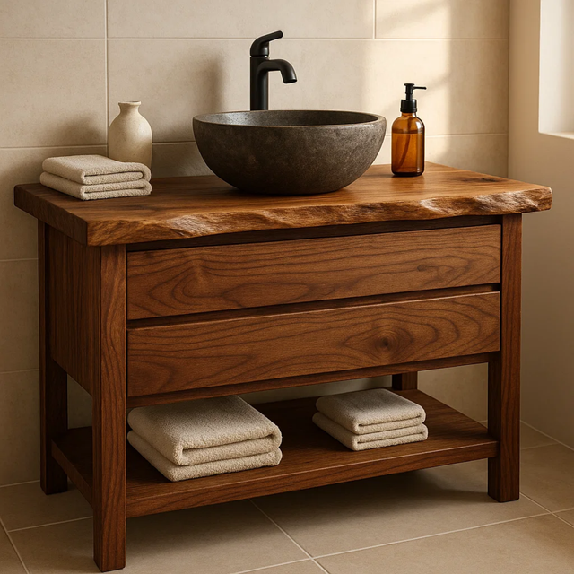 Handcrafted Solid Wood Bathroom Vanity - Live Edge Dark Wood Cabinet & Open Shelf