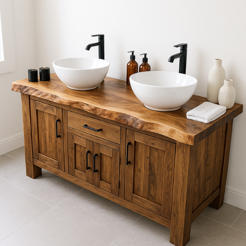 Handcrafted Solid Wood Double Sink Bathroom Vanity – Rustic Live Edge Countertop with Cabinets & Center Drawer – Farmhouse Natural Finish