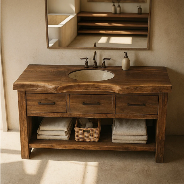 Handcrafted Solid Wood Bathroom Vanity with Live Edge Top, Triple Drawers & Open Storage Shelf