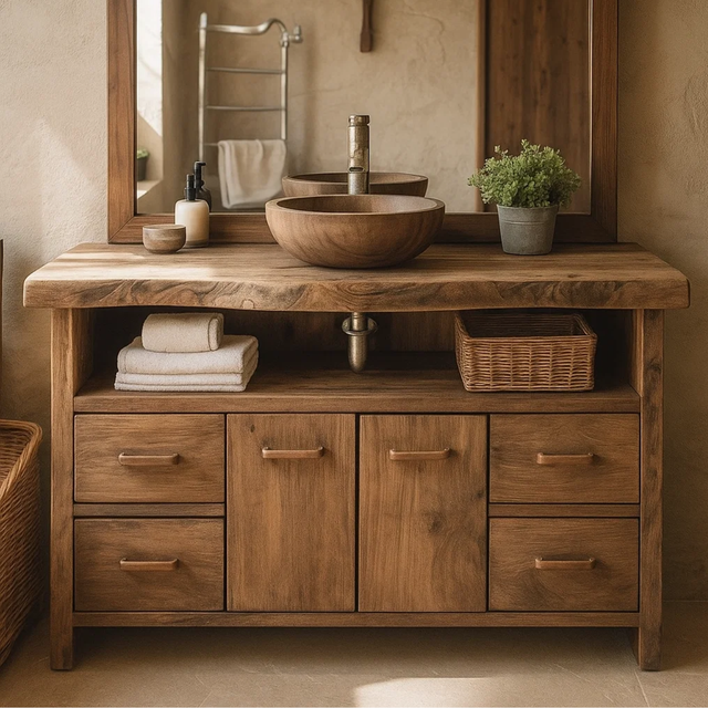 Handcrafted Solid Wood Bathroom Vanity with Live Edge Walnut Top and Double Cabinet Storage
