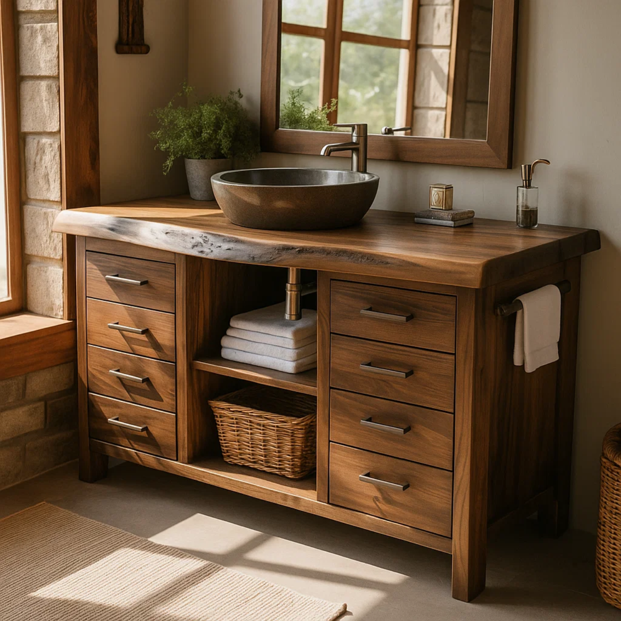 Handcrafted Solid Wood Bathroom Vanity with Live Edge Walnut Top and 8 Storage Drawers