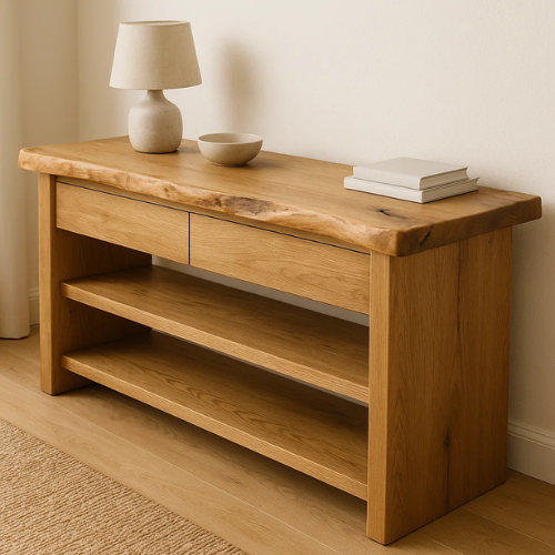 Handcrafted Solid Wood Live Edge Console Table – Natural Oak with Drawers and Open Shelves
