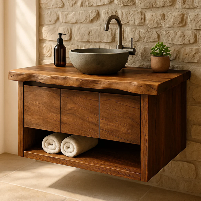 Handcrafted Solid Wood Floating Bathroom Vanity with Live Edge Top - Rustic Modern Washstand