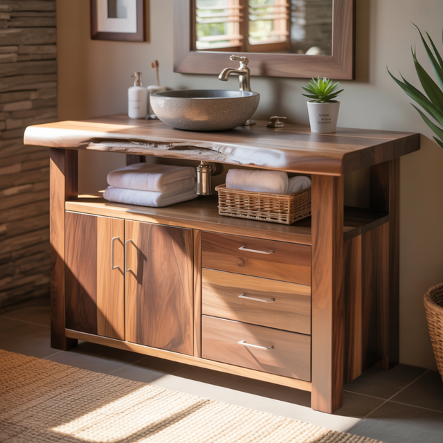 Handcrafted Solid Wood Bathroom Vanity with Live Edge Walnut Top, 3 Drawers and Cabinet