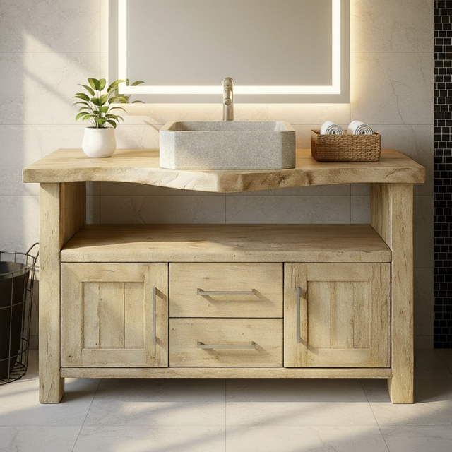 Handcrafted Solid Wood Bathroom Vanity with Live Edge Oak Top, 2 Drawers and Double Cabinets