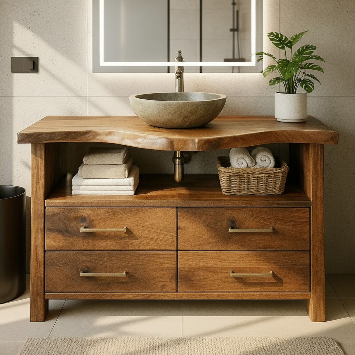Handcrafted Solid Wood Bathroom Vanity with Live Edge Walnut Top and 4 Storage Drawers
