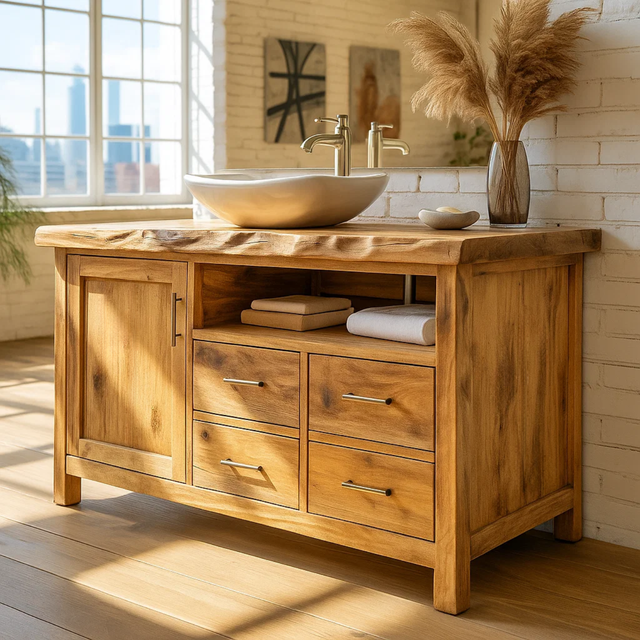 Handcrafted Solid Wood Bathroom Vanity with Live Edge Top and Four Storage Drawers