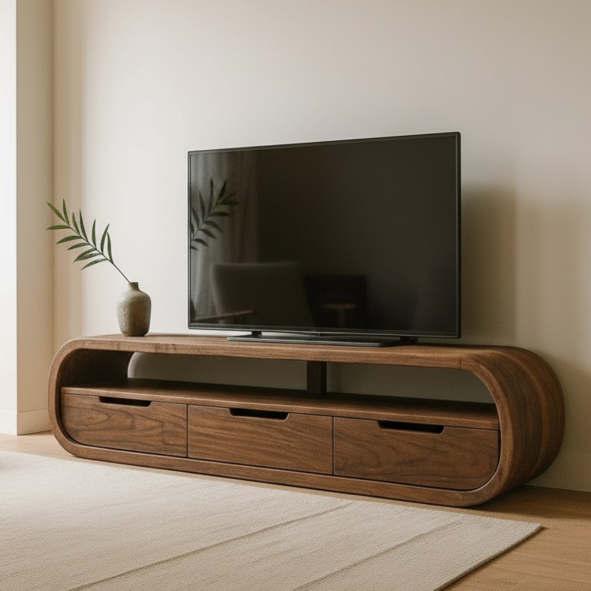 Handcrafted Solid Wood TV Stand - Modern Curved Console, Easy Assembly, 3 Drawers