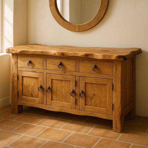 Handcrafted Solid Wood Live Edge Console Table – Rustic Oak with Drawers and Cabinet Doors