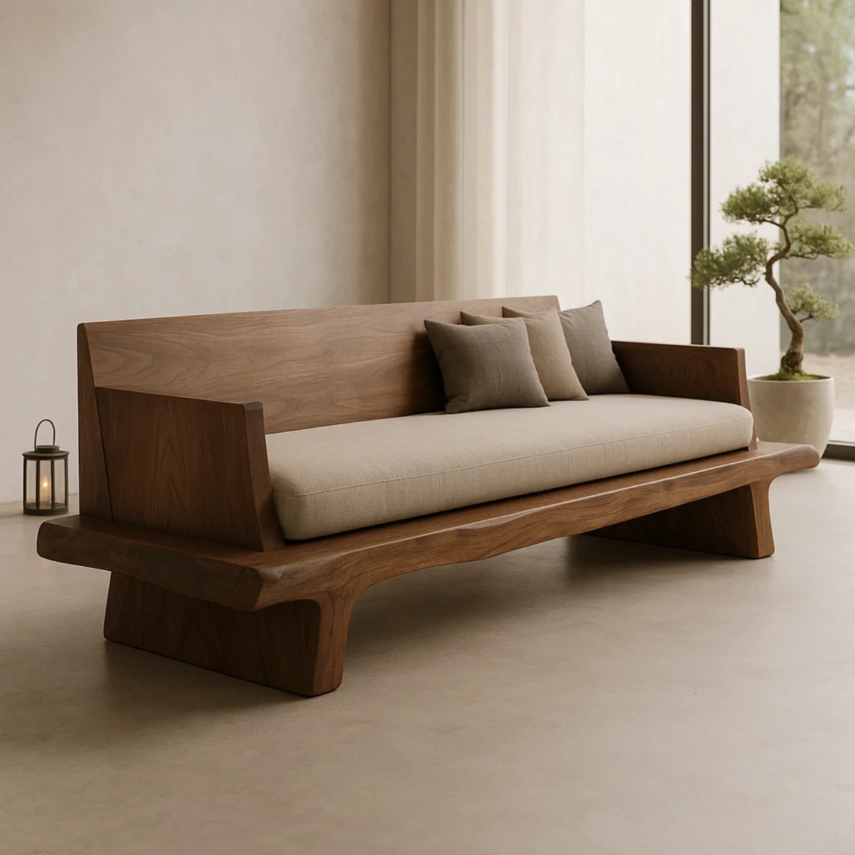Handcrafted Solid Wood Sofa – Minimalist Wooden Couch with Natural Live Edge Base