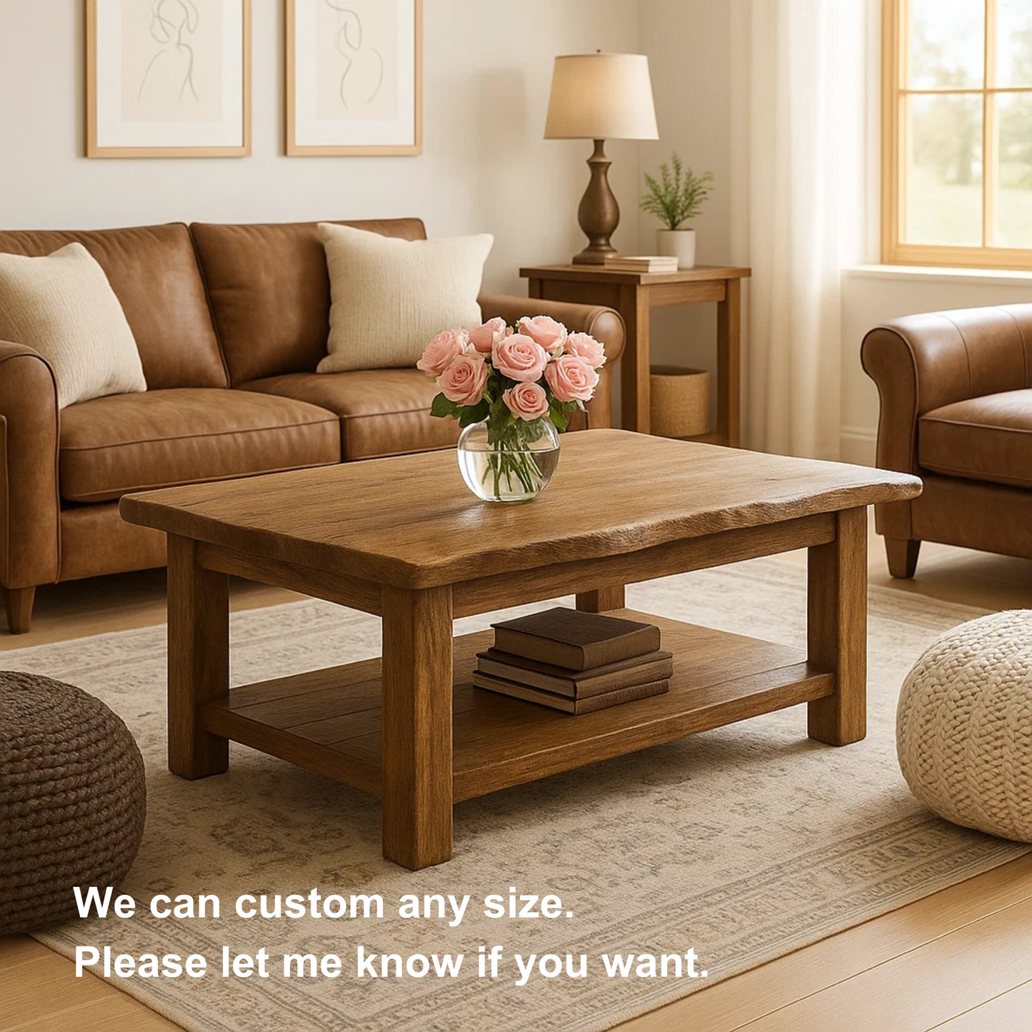 Handcrafted Solid Wood Coffee Table with Natural Live Edge – Rustic Farmhouse Center Table with Bottom Shelf for Cozy Living Rooms