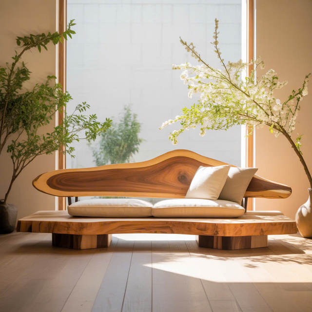 Handcrafted Solid Wood Sofa – Sculptural Live Edge Couch with Organic Form and Linen Cushions