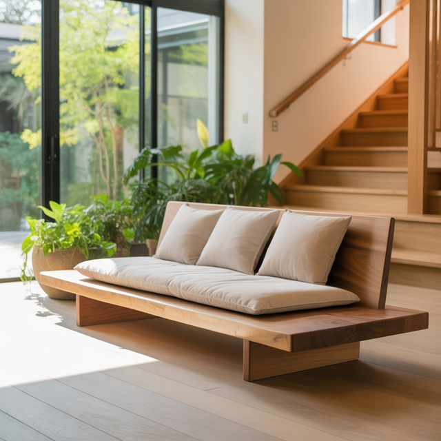 Handcrafted Solid Wood Sofa – Low Japanese Style Couch with Minimalist Design and Linen Cushions