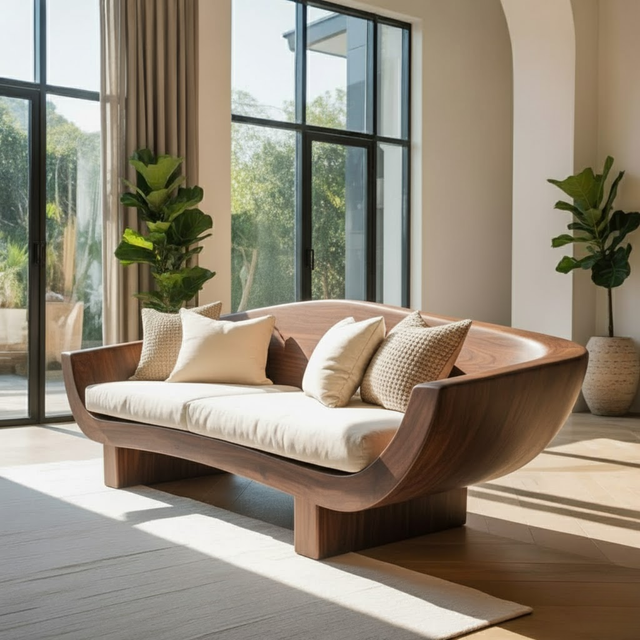 Handcrafted Solid Walnut Sofa – Modern Sculptural Wood Couch with Curved Organic Design