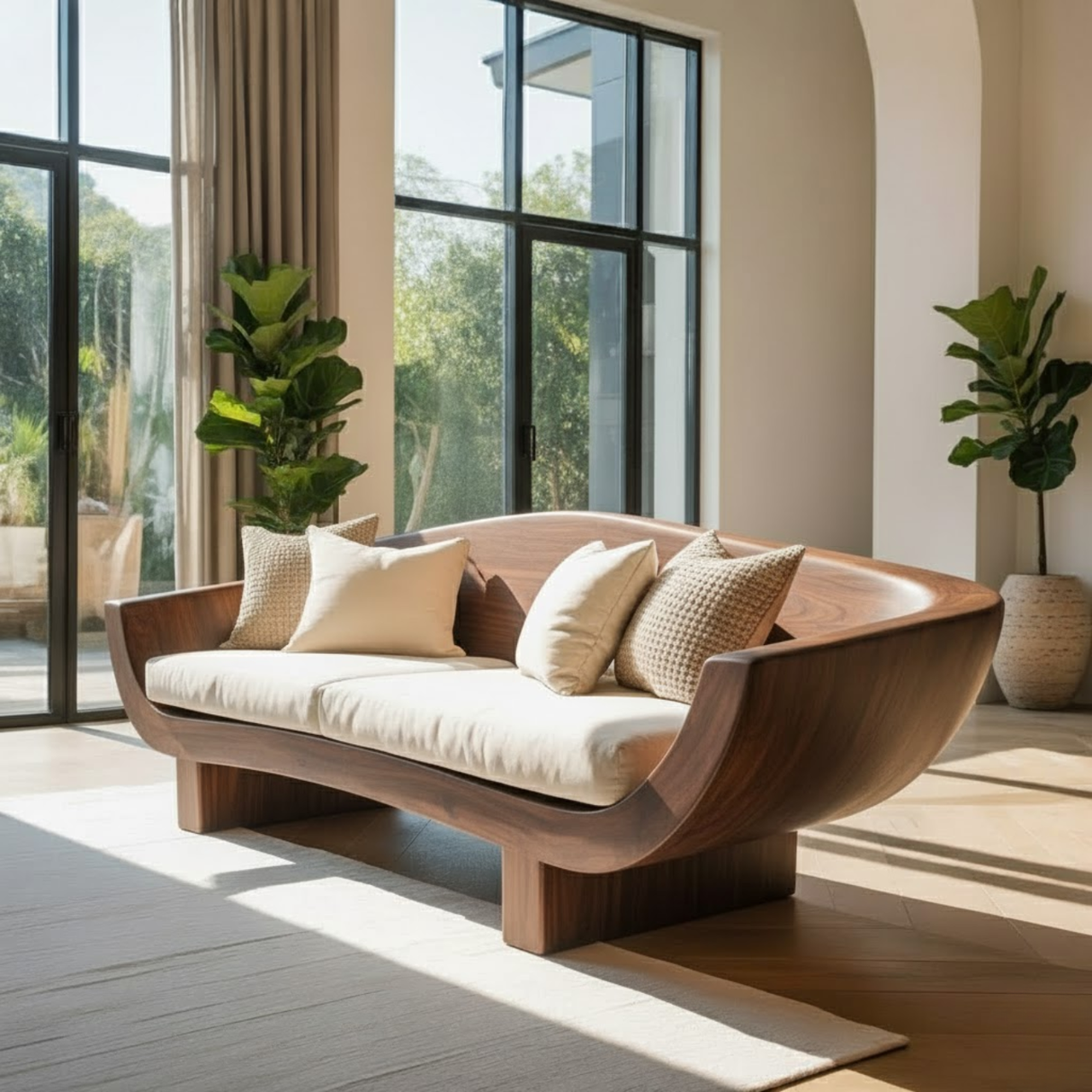 Handcrafted Solid Walnut Sofa – Modern Sculptural Wood Couch with Curved Organic Design