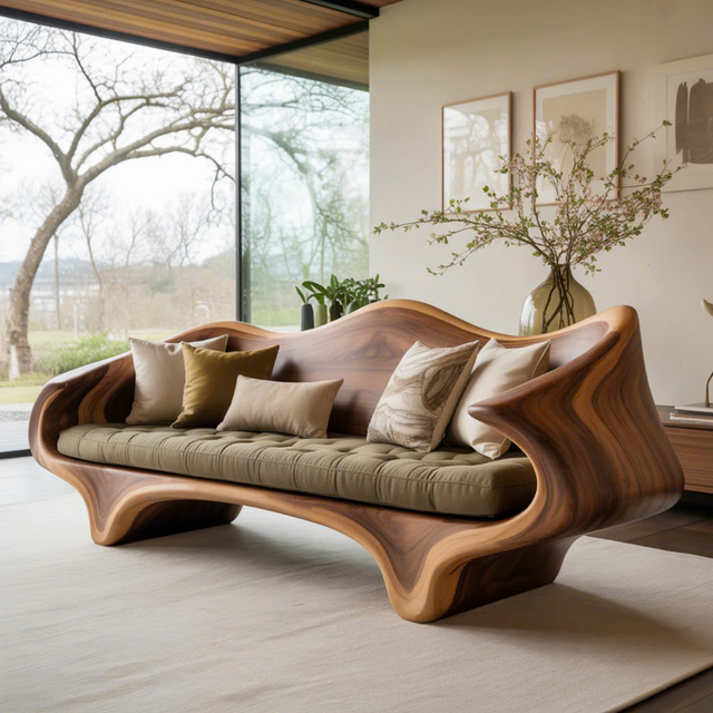 Handcrafted Solid Wood Sofa – Sculptural Organic Wood Couch with Artistic Curves and Cushion Seat