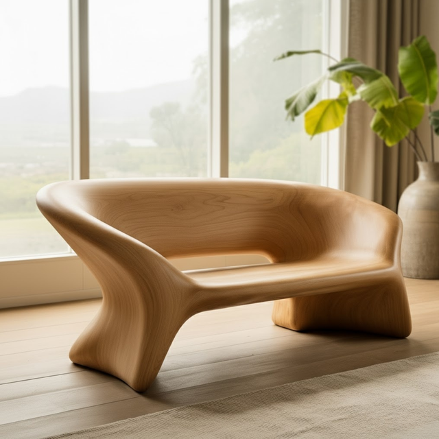 Handcrafted Solid Wood Sofa – Sculptural Organic Bench-Style Couch with Smooth Minimalist Design