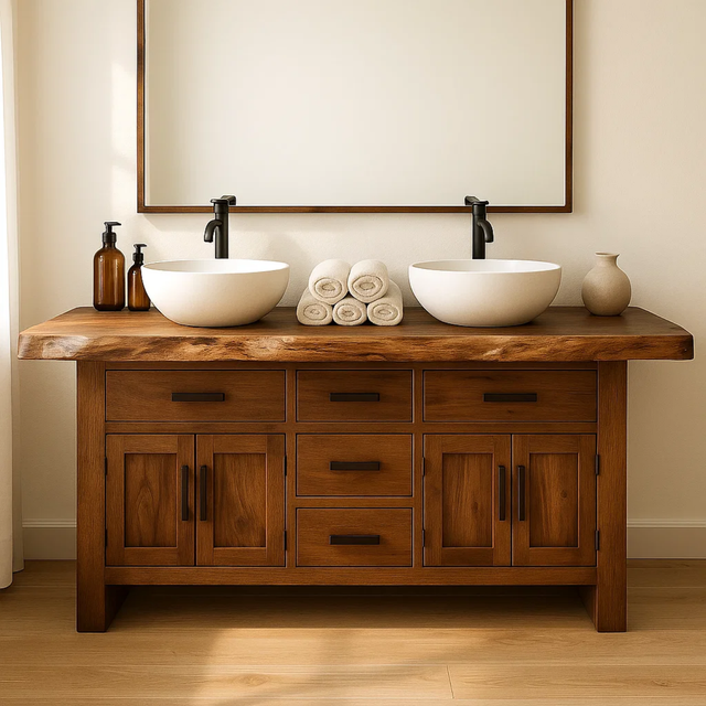 Handcrafted Solid Wood Bathroom Vanity - Live Edge Rustic Cabinet with Doors & Sink