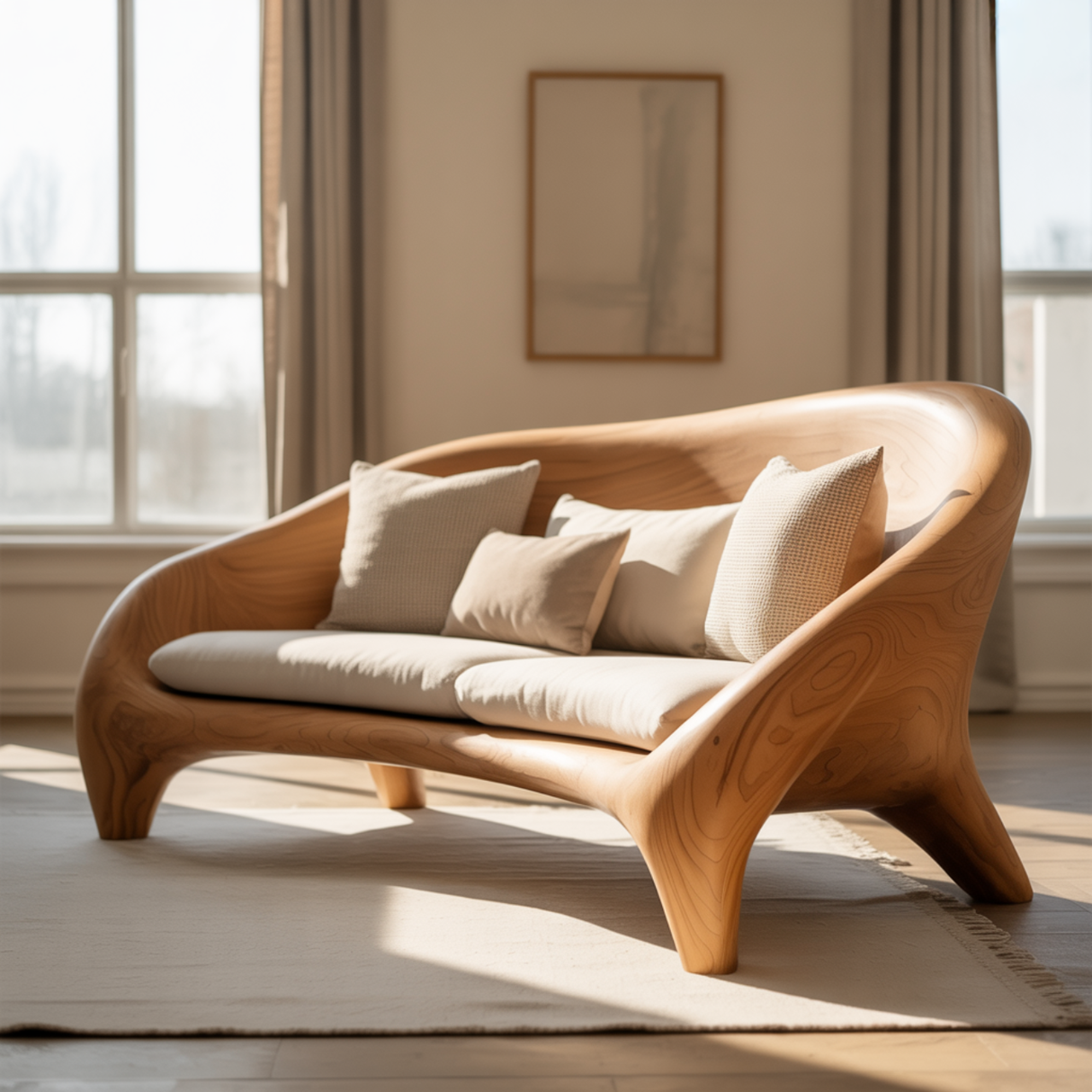 Handcrafted Solid Wood Sofa – Modern Organic Curved Couch with Smooth Sculptural Frame and Linen Cushions