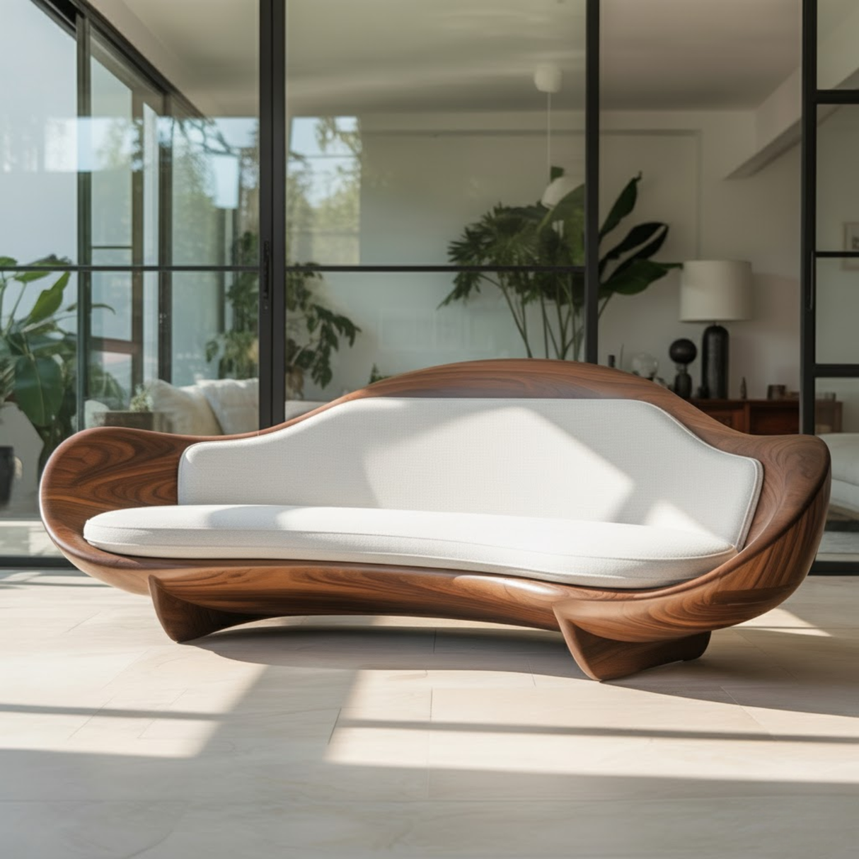 Handcrafted Solid Wood Sofa – Modern Organic Sculptural Couch with Curved Wood Frame