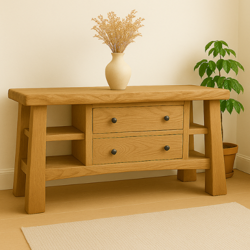Handcrafted Solid Wood Console Table – Modern Rustic Oak with Drawers and Side Shelves