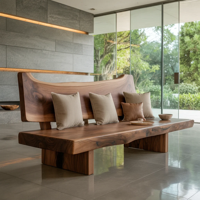 Handcrafted Solid Wood Sofa – Rustic Live Edge Wood Bench Couch with Sculpted Backrest Design