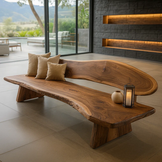 Handcrafted Solid Wood Sofa – Rustic Live Edge Sculptural Bench Couch with Organic Flowing Form