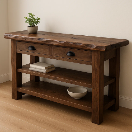 Handcrafted Solid Wood Live Edge Console Table – Walnut Finish with Drawers and Open Shelves