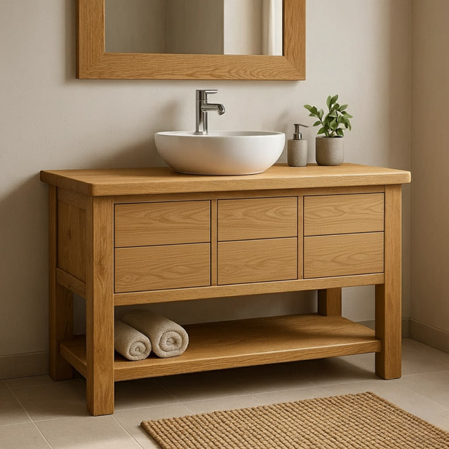 Handcrafted Solid Wood Bathroom Vanity with Oak Finish and Open Shelf