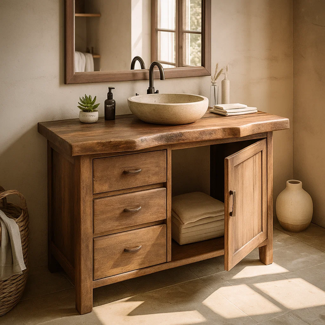 Handcrafted Solid Wood Bathroom Vanity with Live-Edge Top and Storage Drawers