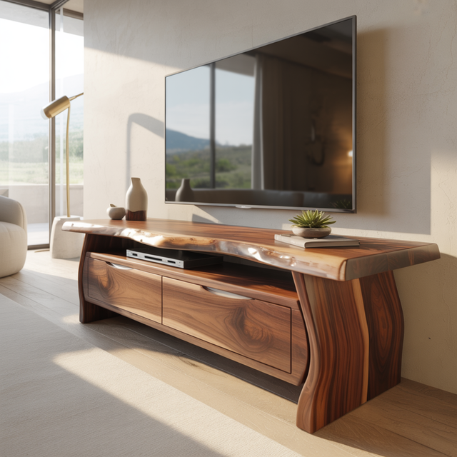 Handcrafted Live-Edge Solid Wood TV Stand with Sculpted Curved Base