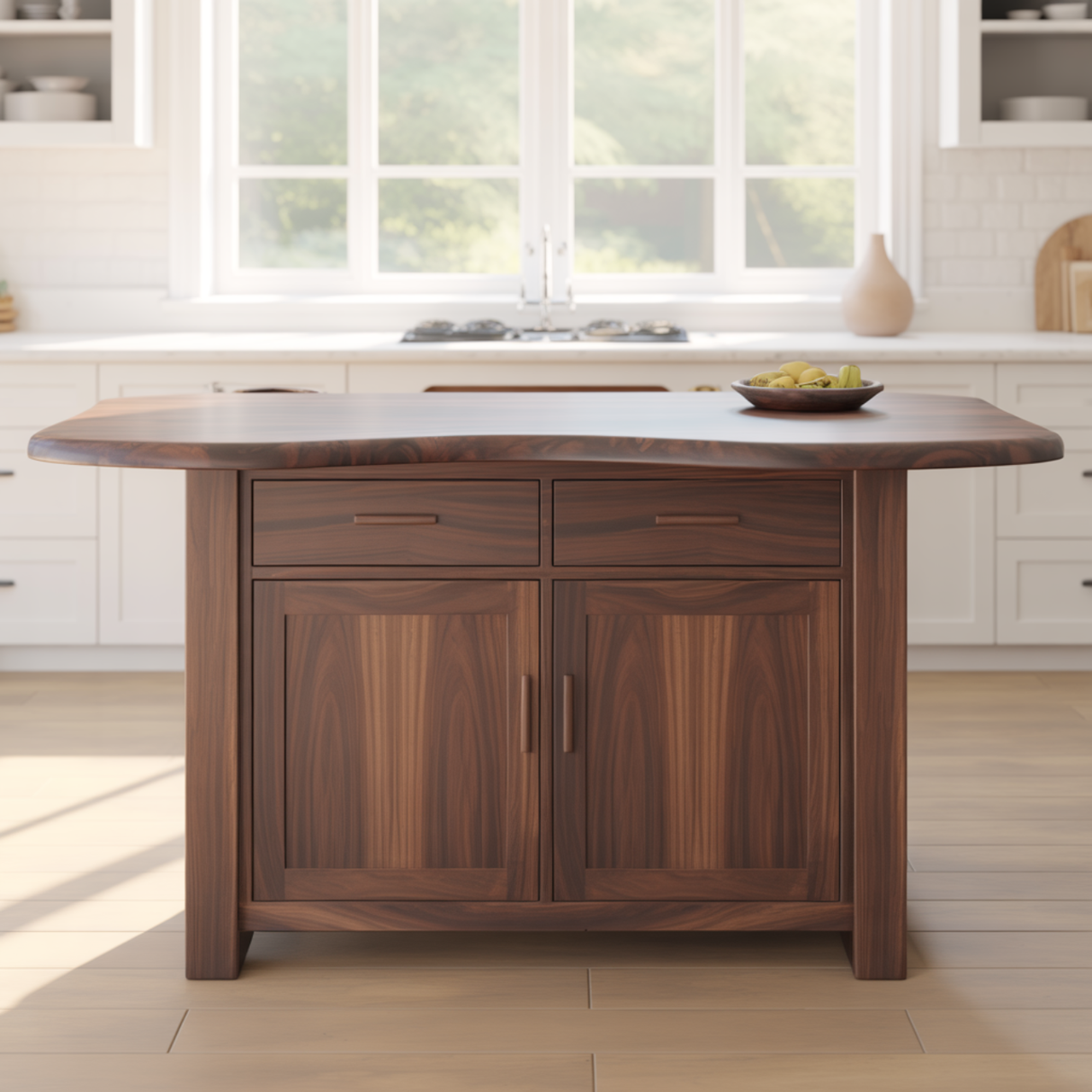 Handcrafted Solid Wood Kitchen Island with Live-Edge Curved Top and Spacious Storage