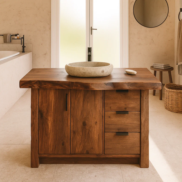 Handcrafted Solid Wood Bathroom Vanity with Live-Edge Top and Modern Storage Drawers