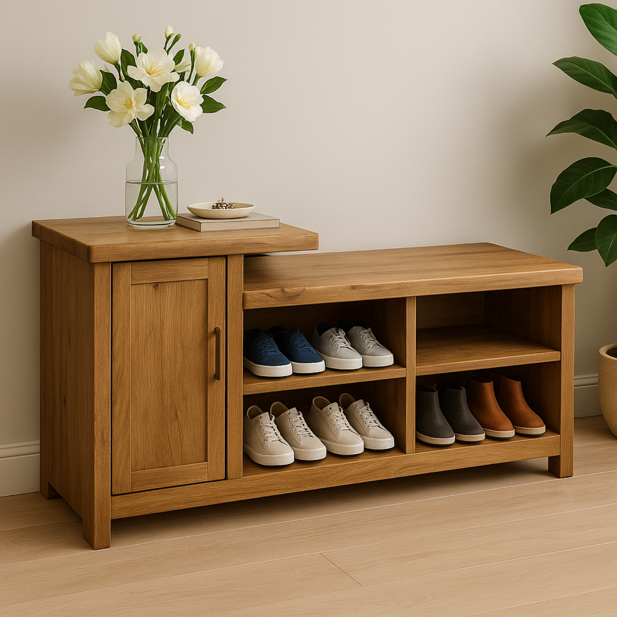 Handcrafted Solid Wood Bench – Entryway Storage, Cabinet & Shoe Cubbies