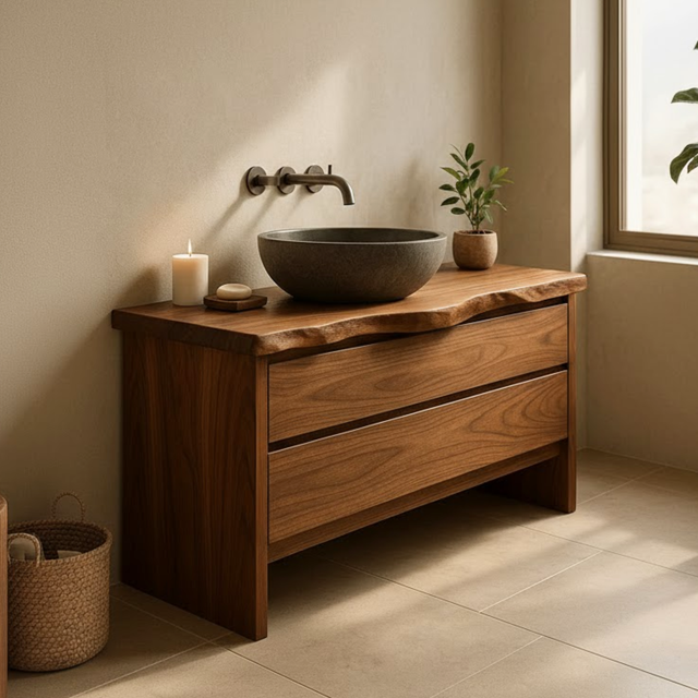 Handcrafted Solid Wood Bathroom Vanity with Live Edge Top - Rustic Modern Washstand