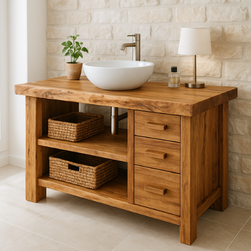 Handcrafted Solid Wood Bathroom Vanity – Rustic Live Edge Countertop with 3 Drawers & Open Shelves – Farmhouse Natural Finish