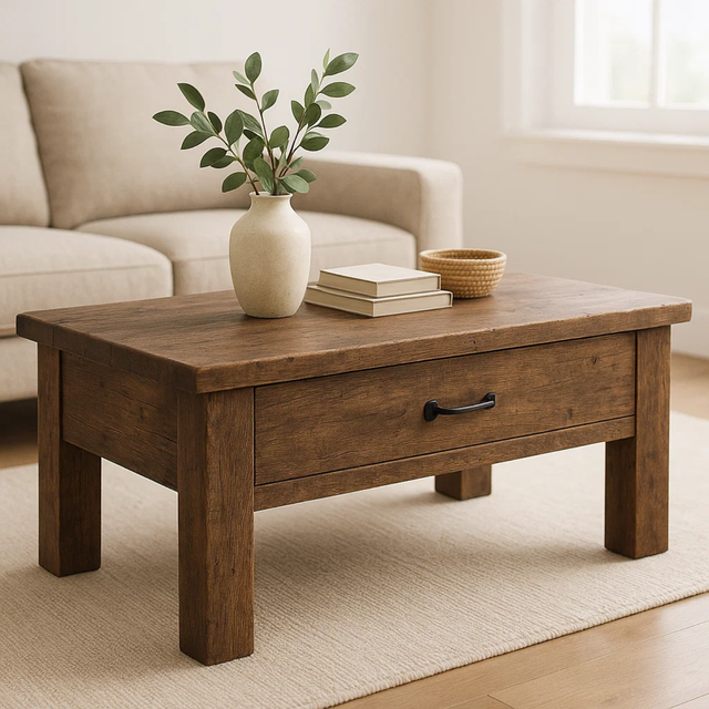 Handcrafted Solid Wood Coffee Table – Rustic Modern Storage with Single Drawer
