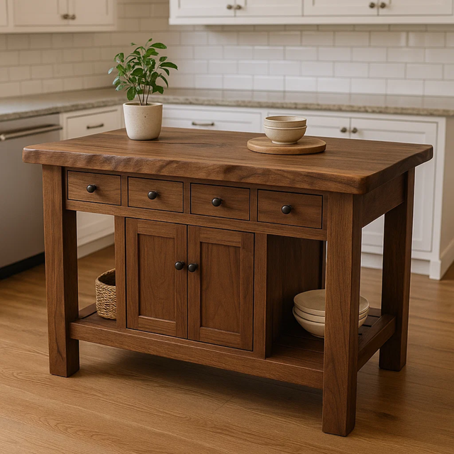 Handcrafted Solid Wood Kitchen Island - 4 Drawers & Cabinet Storage