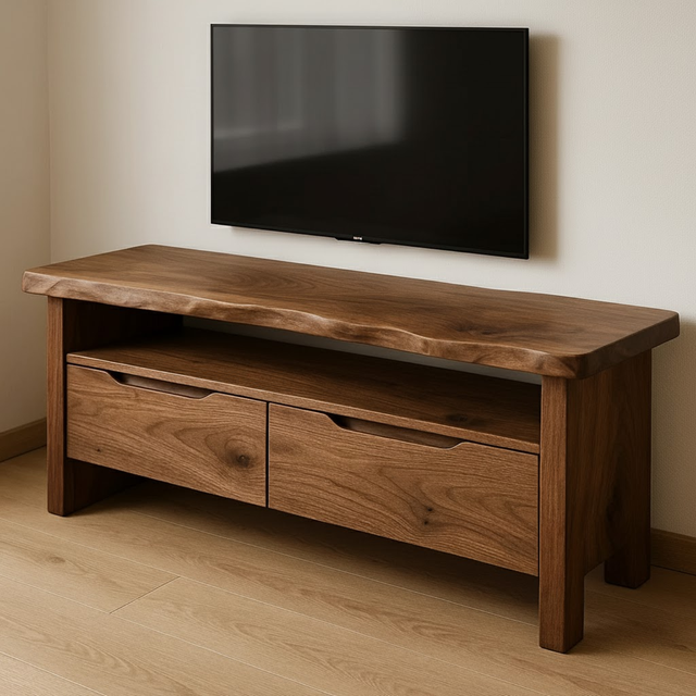 Handcrafted Solid Wood TV Stand with Live Edge Walnut Top and Dual Drawers