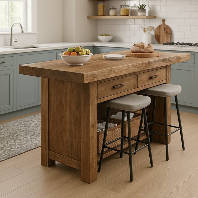 Handcrafted Solid Wood Kitchen Island - Rustic Live-Edge Counter & Storage