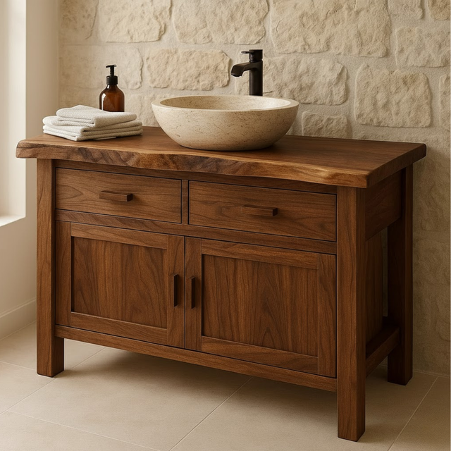 Handcrafted Solid Wood Bathroom Vanity - Live Edge Top Cabinet with Drawers & Doors