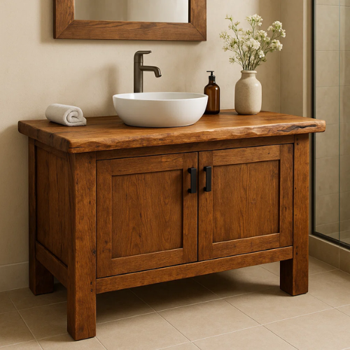 Handcrafted Solid Oak Bathroom Vanity – Live Edge Countertop with Double Doors – Rustic Modern Wood Design for Warm Natural Bathroom Interiors