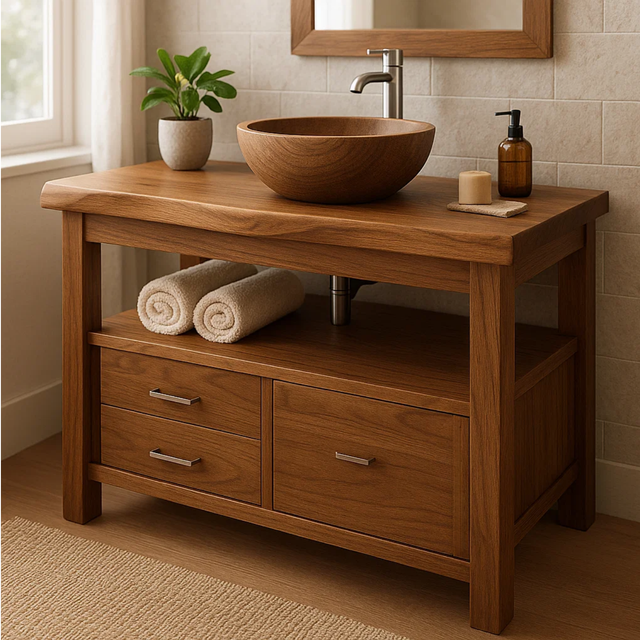 Handcrafted Solid Wood Bathroom Vanity with Live Edge Oak Top and Metal Handles