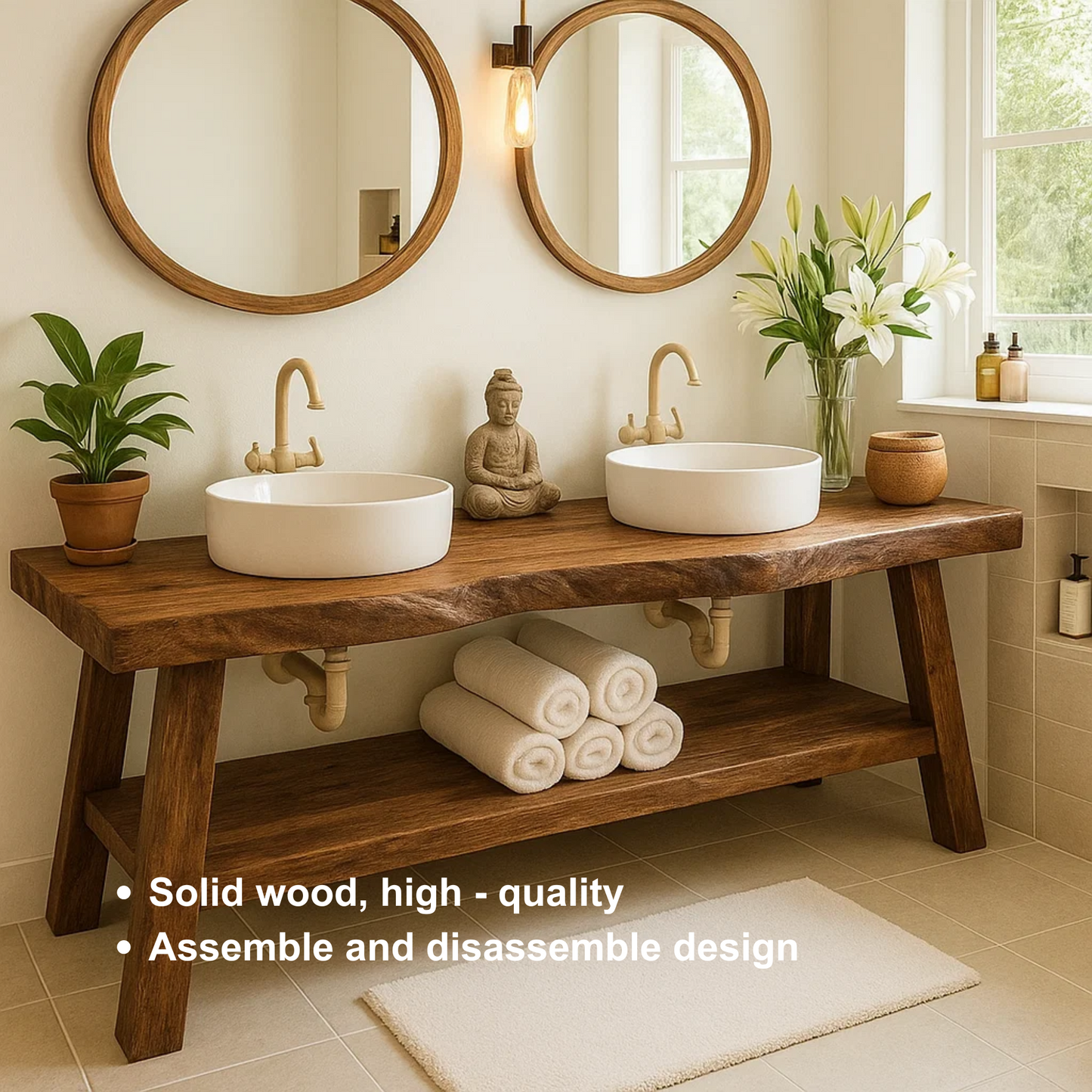 Handcrafted Double Solid Wood Bathroom Vanity with Drawers and Slatted Shelf for Modern Homes