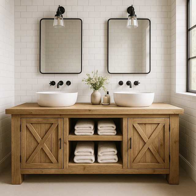 Handcrafted Solid Wood Bathroom Vanity - Farmhouse Double Sink Cabinet - Rustic Oak Storage Furniture