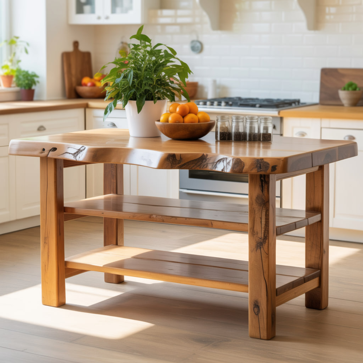 Handcrafted Solid Wood Kitchen Island - Natural Live-Edge Top & Open Shelving