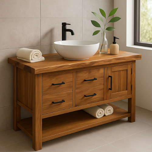 Handcrafted Solid Oak Bathroom Vanity – Live Edge Countertop with Drawers & Cabinet – Modern Rustic Wood Design for Warm, Natural Bathrooms
